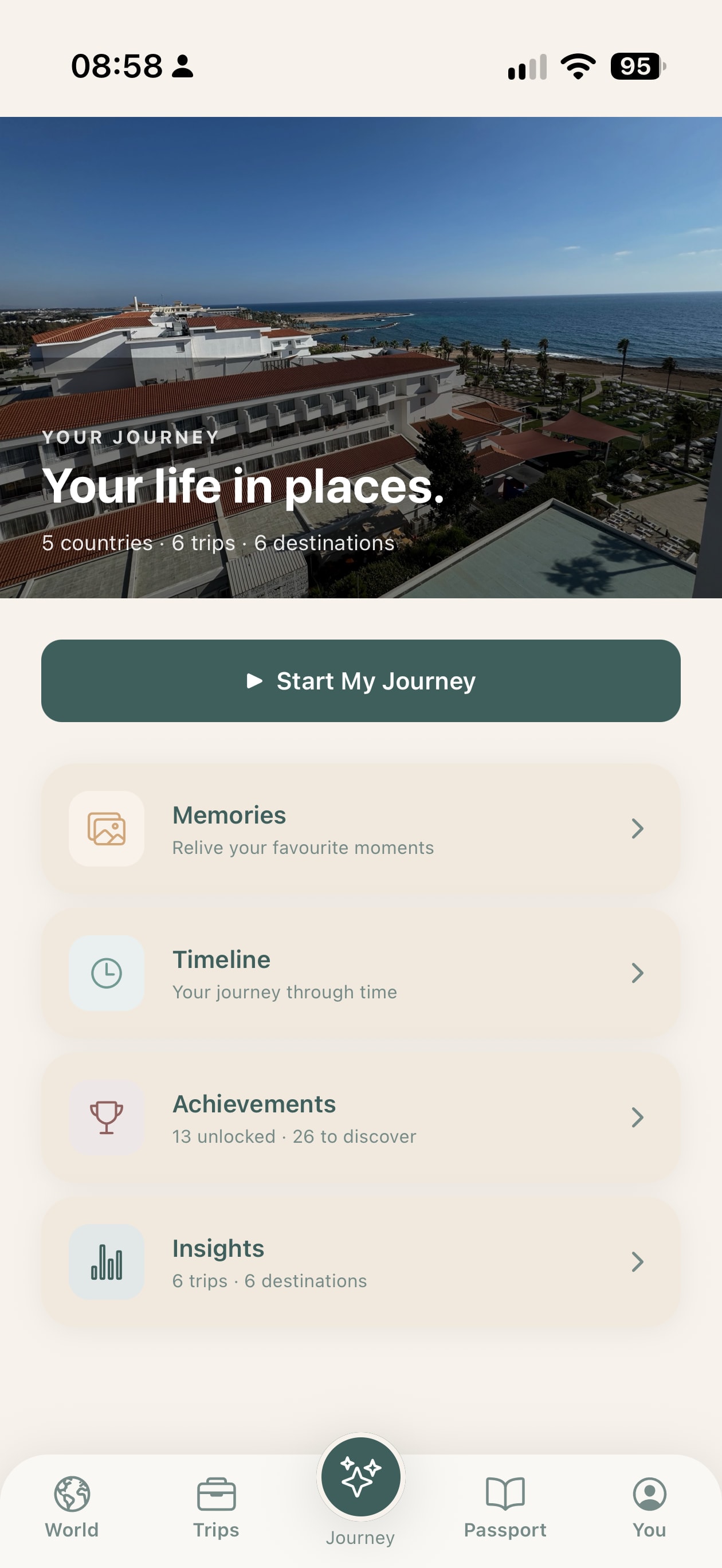 The Journey screen in Travelled: a holiday photograph looking over a seaside resort to the sea, beneath the in-app heading “Your journey — Your life in places.” and a summary of countries, trips and destinations.
