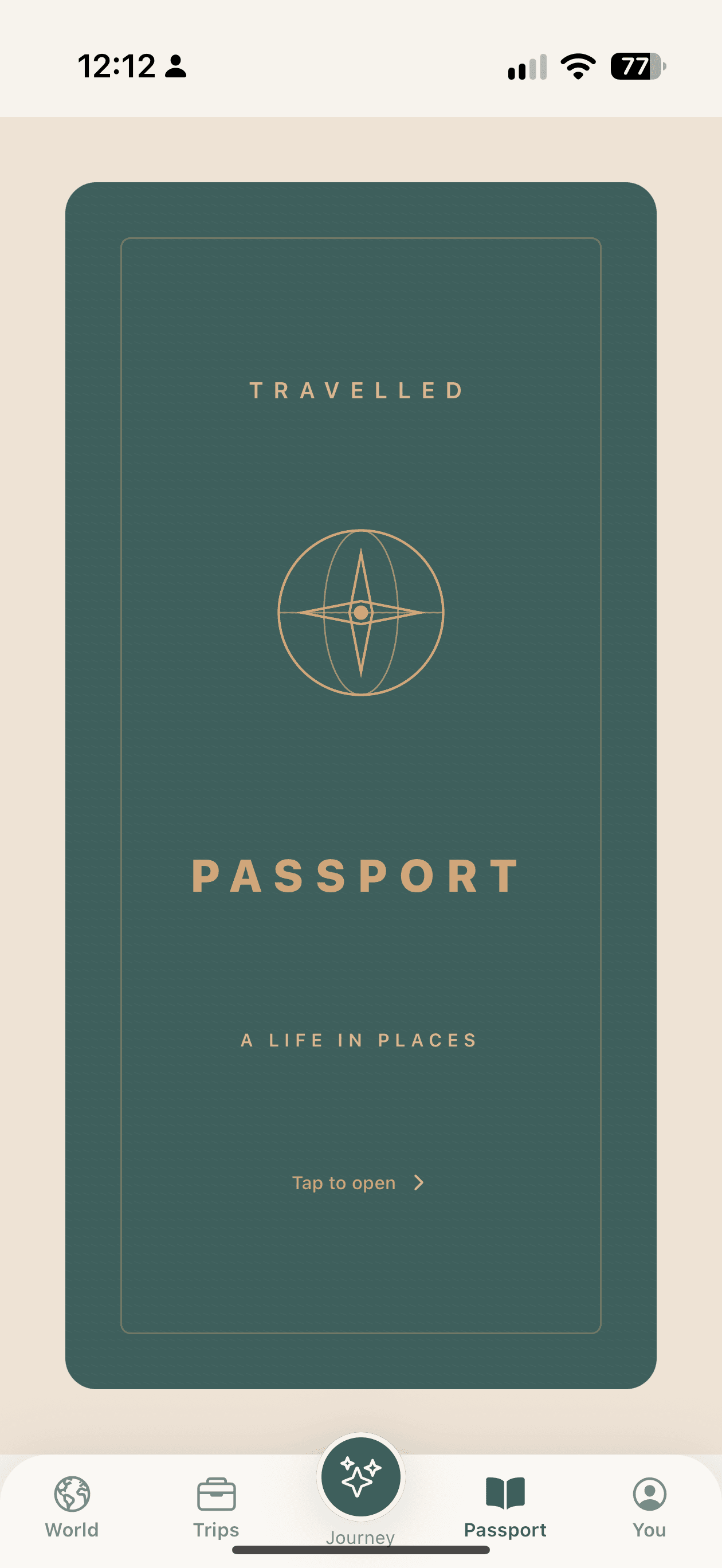 The closed Travelled passport: a Deep Lagoon cover with a thin gold border, a globe-and-compass emblem and the words Travelled, Passport and A Life in Places.