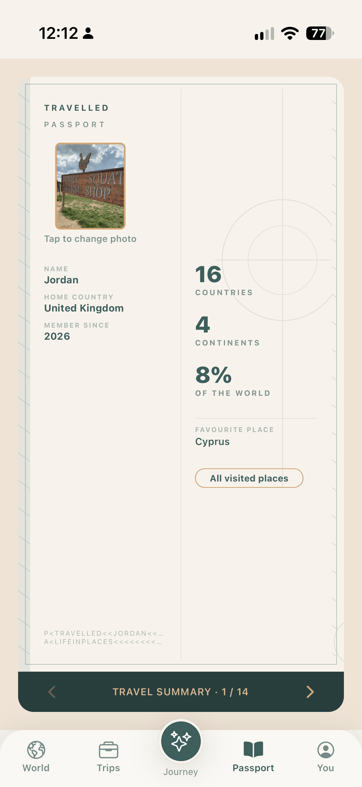Inside the Travelled passport: a travel summary page with the traveller’s photo, name, home country and membership year, the countries, continents and share of the world they’ve visited, and their favourite place.