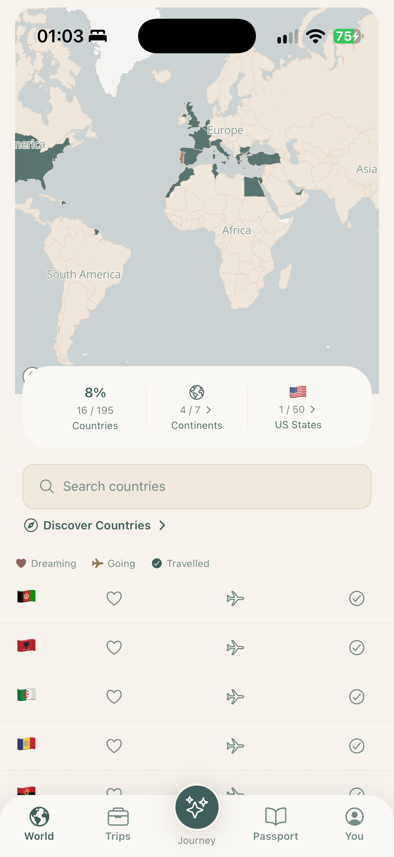 The Travelled World screen on iPhone: a world map with visited countries shaded in deep green, above totals showing 16 of 195 countries (8%), 4 of 7 continents and 1 of 50 US states.